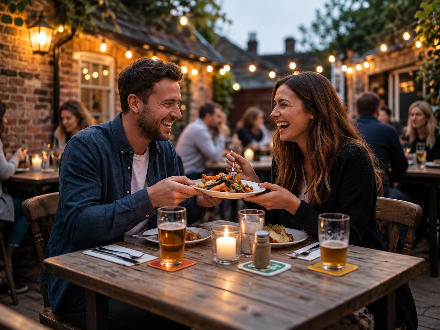 A couple sharing a relaxed meal in a pub courtyard