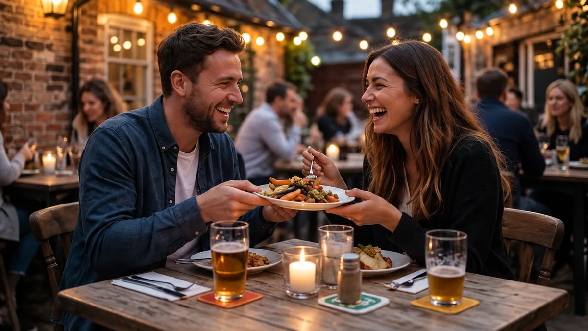 Couple sharing a relaxed meal in a pub courtyard