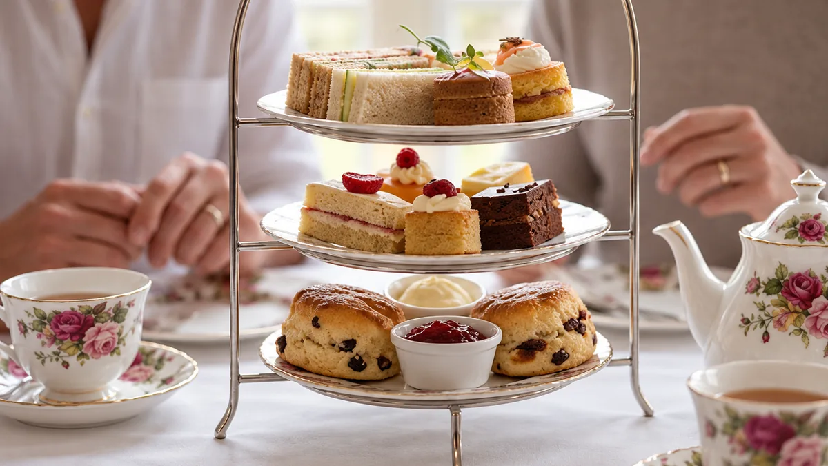 An afternoon tea stand with sandwiches, cakes and scones