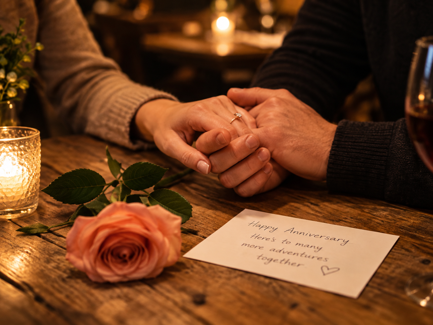 A couple holding hands beside an anniversary note and rose