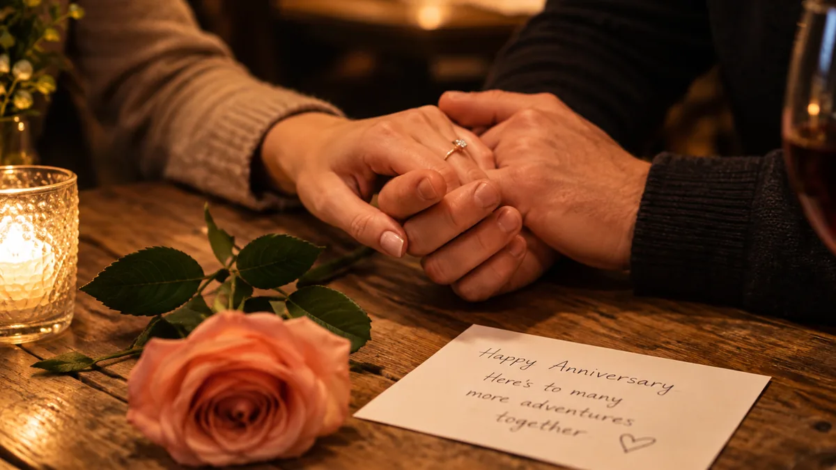 A couple holding hands beside an anniversary note and rose