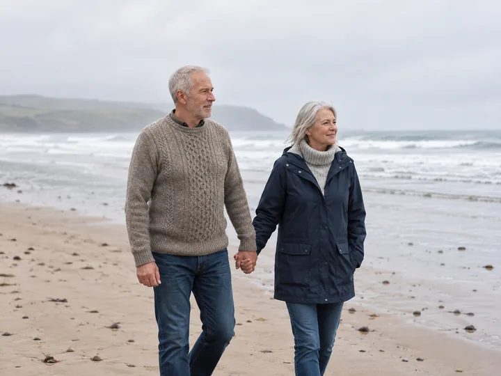 Couple enjoying an anniversary walk along the beach