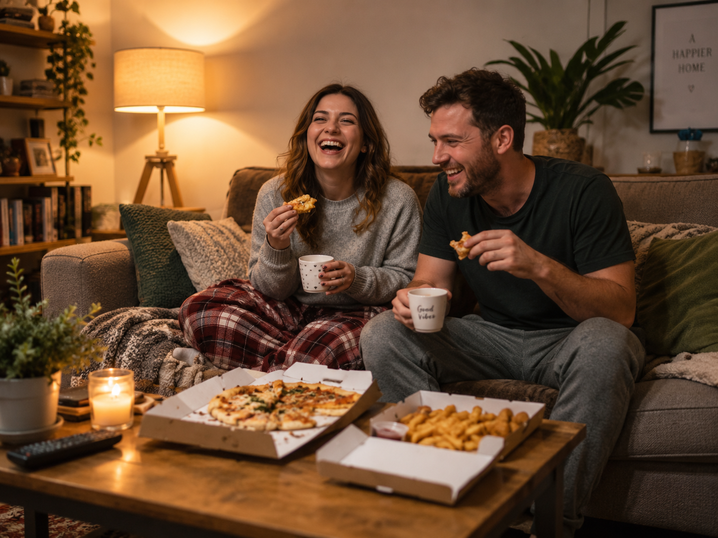 A couple enjoying an affordable date night at home