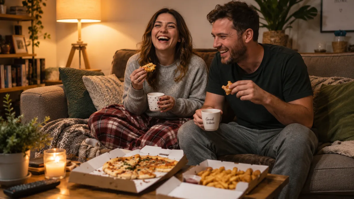 Couple enjoying an affordable date night at home