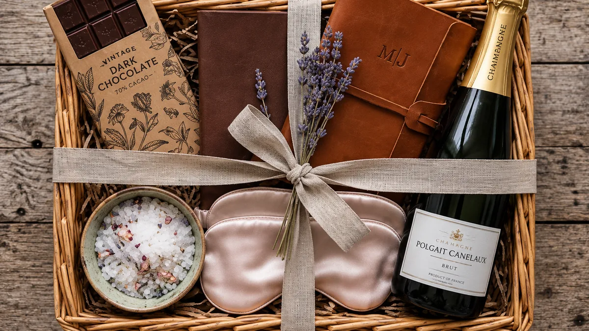 A carefully arranged gift hamper for a couple