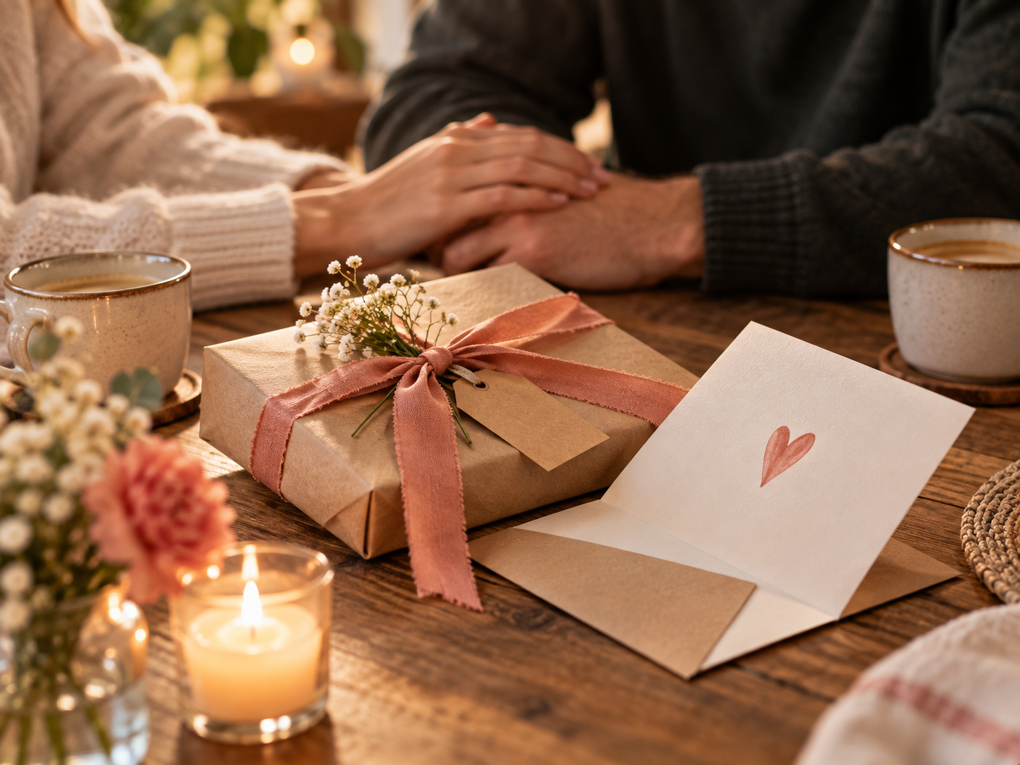 A wrapped first-anniversary gift and paper card beside a couple holding hands
