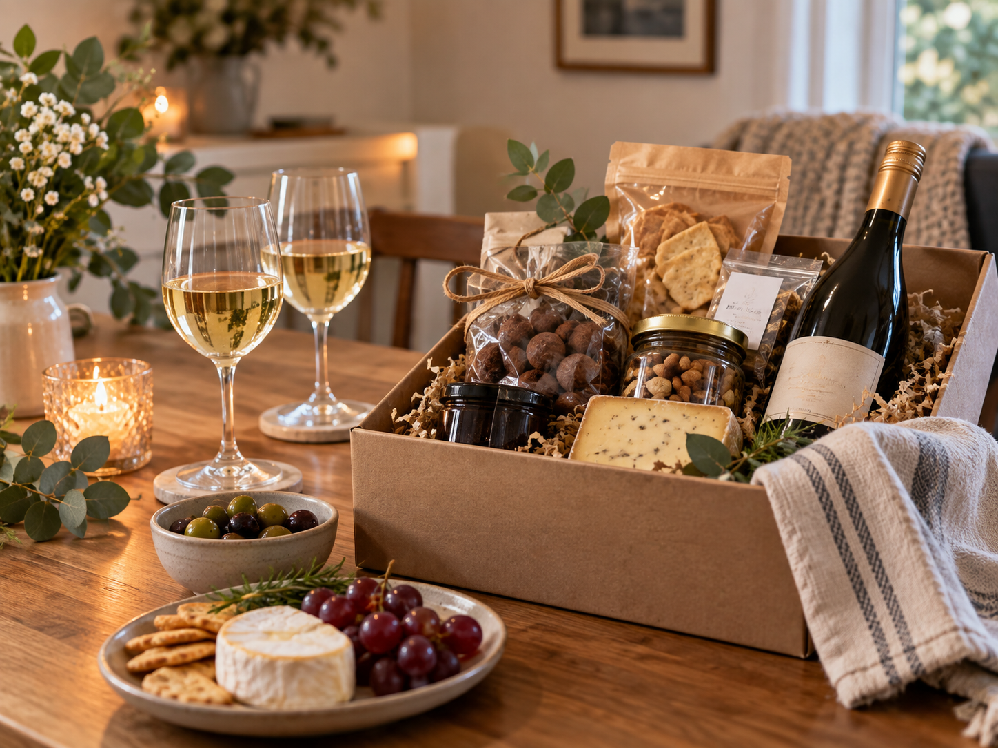 A food and wine hamper arranged for a couple at home