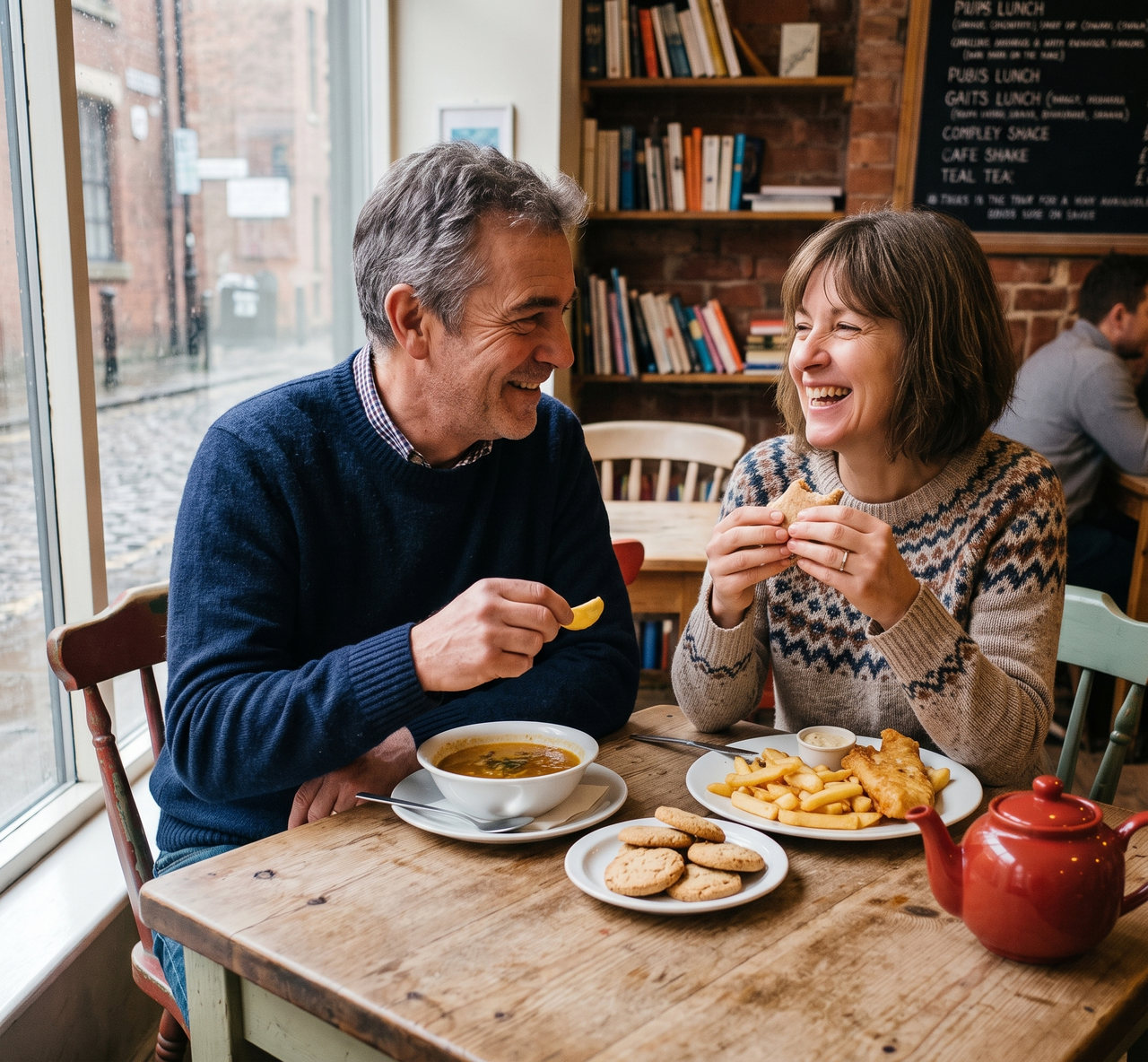 A couple laughing together over lunch in a cosy café