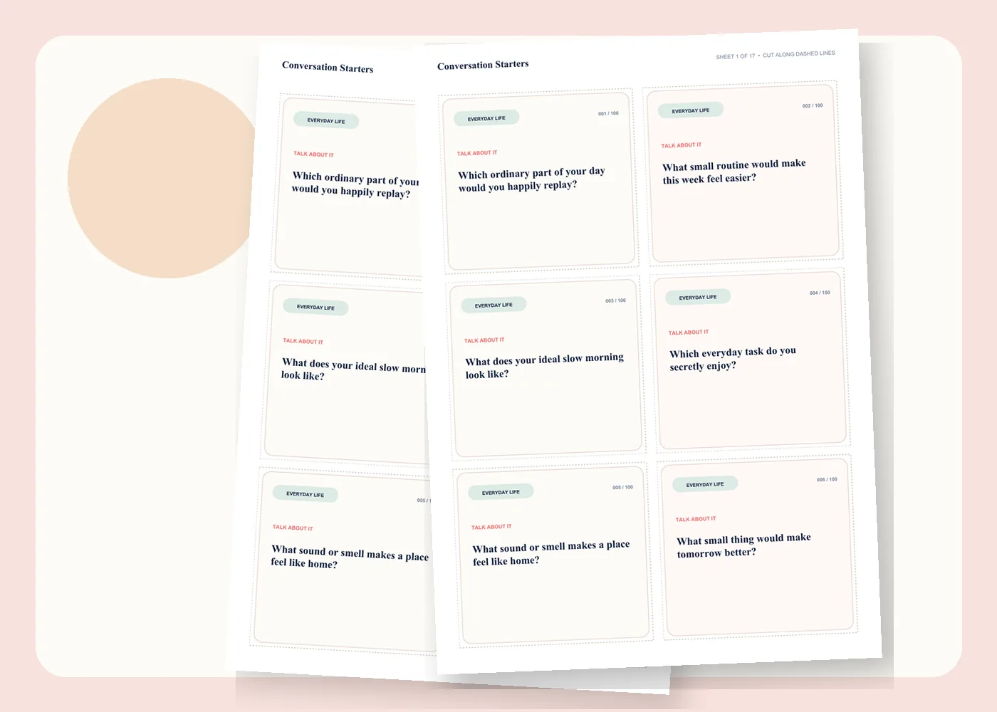 A sample A4 sheet showing six conversation prompt cards and cutting guides