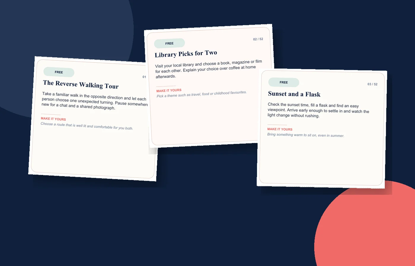 Close-up preview of three date-night cards in the navy and coral design