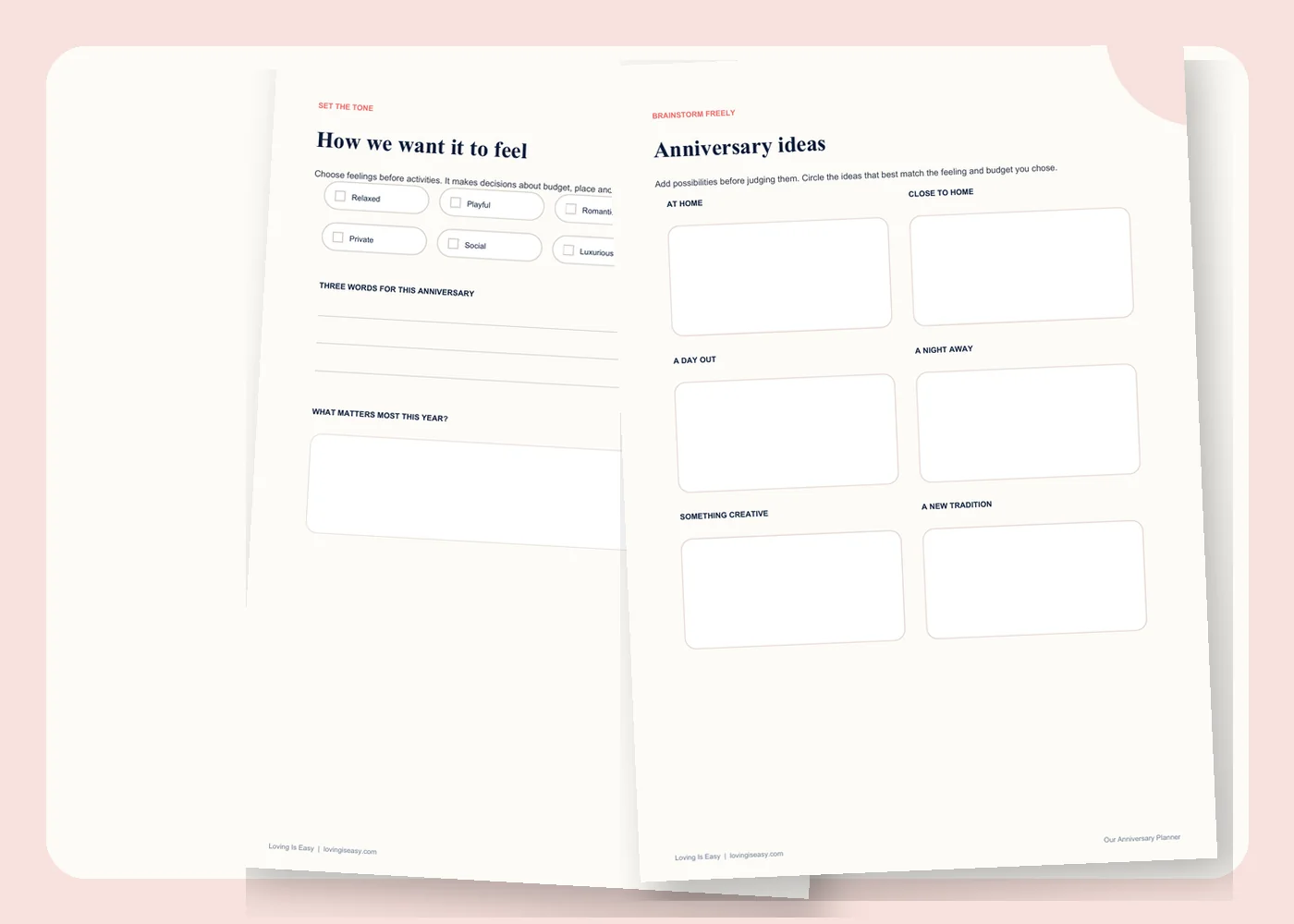 Preview of anniversary mood-setting and celebration idea workbook pages