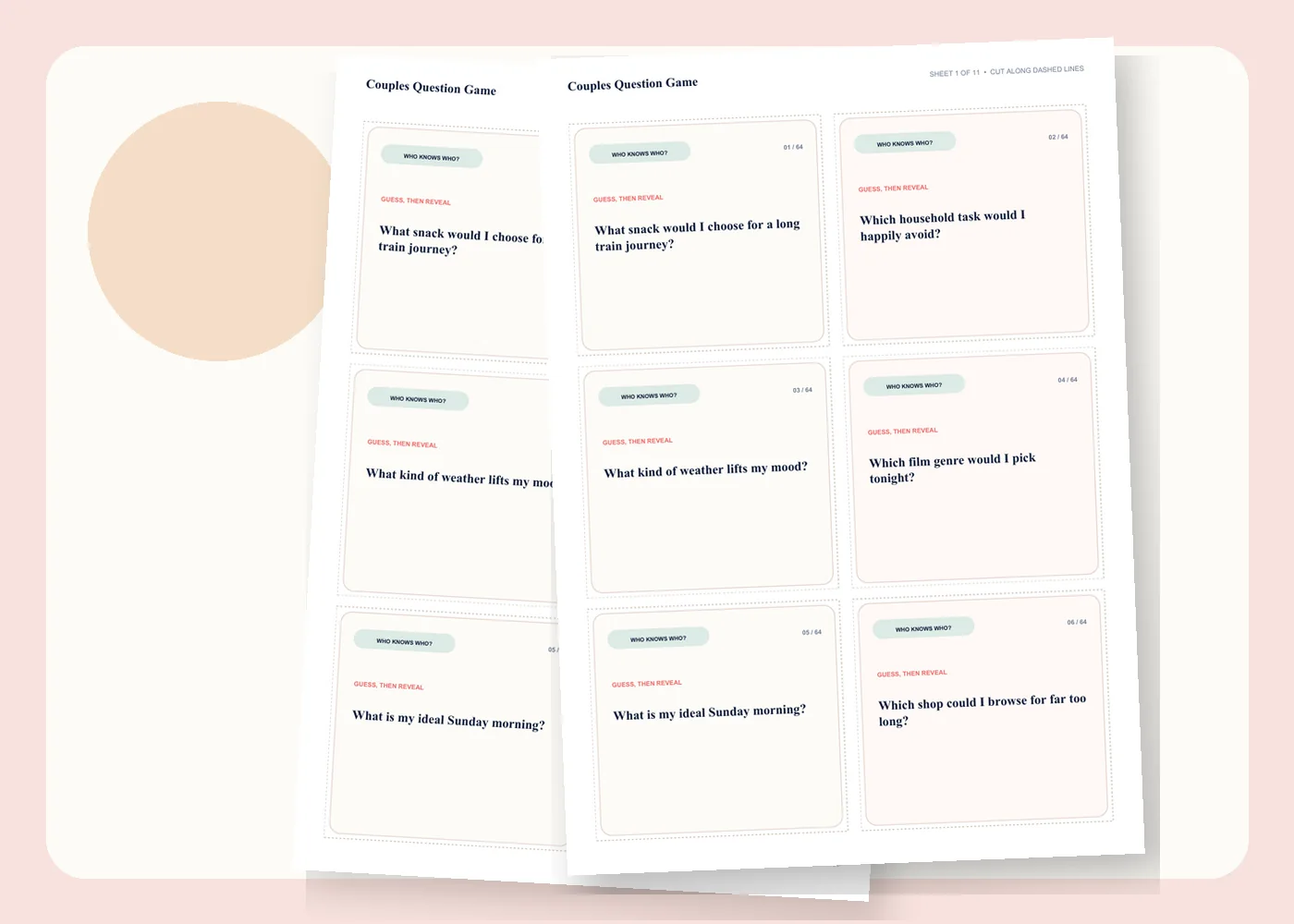A sample A4 sheet showing six Couples Question Game cards and cutting guides