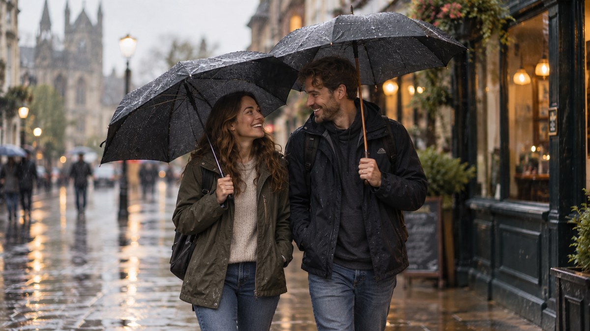 Couple walking together under umbrellas on a rainy day