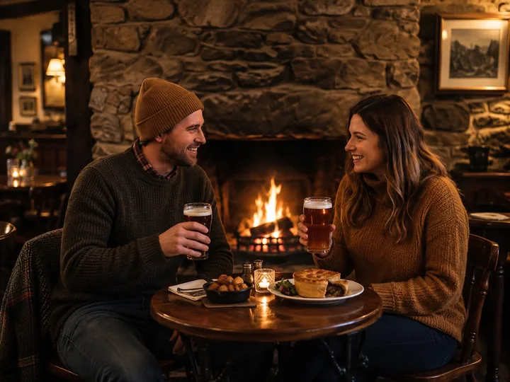 Couple sharing a romantic experience in a cosy pub