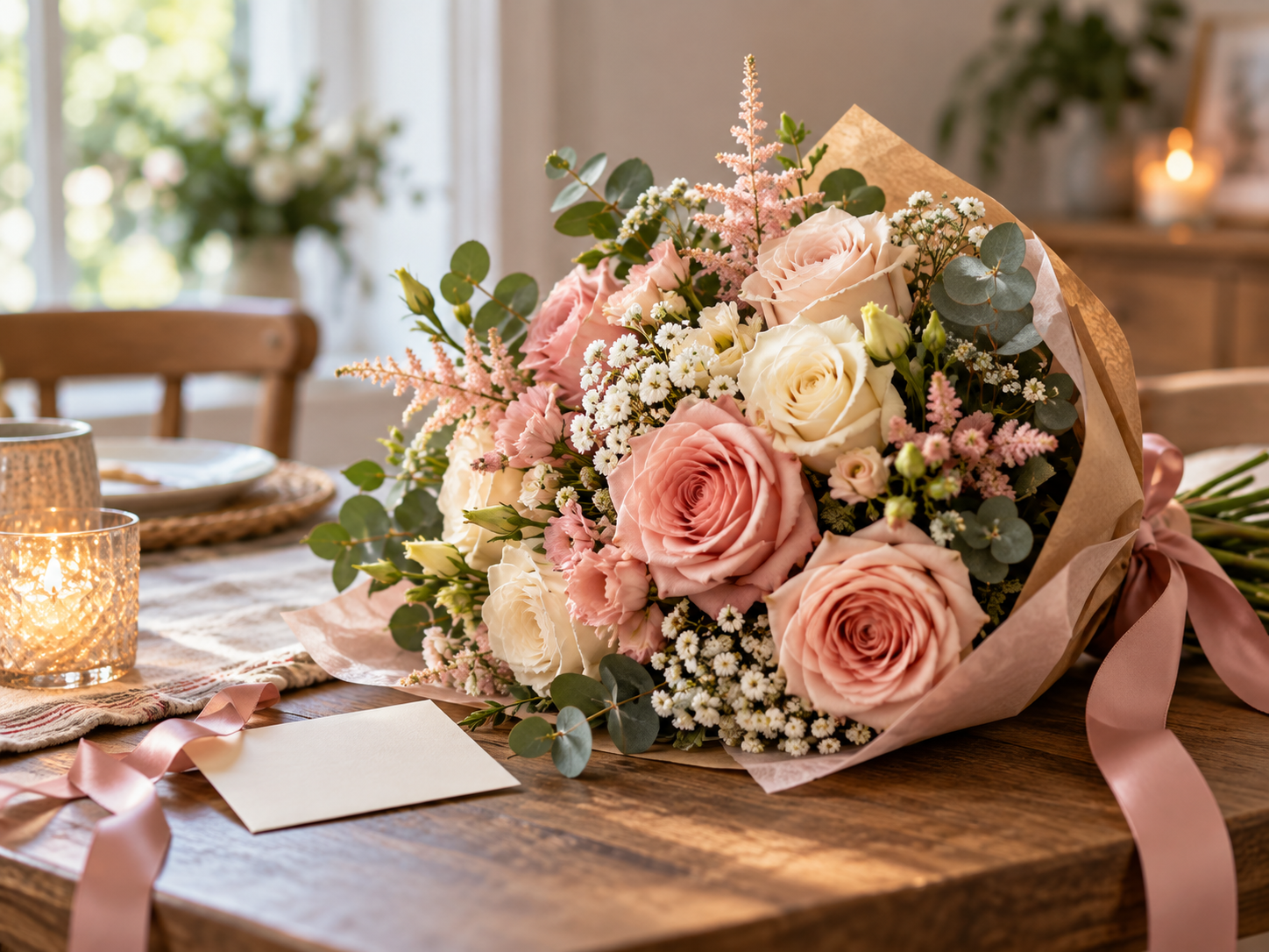 A bouquet of blush and cream flowers beside a card