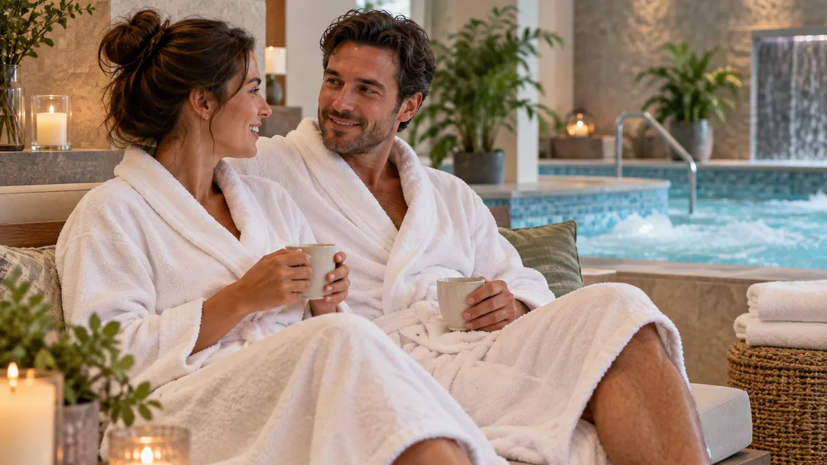 A couple relaxing together beside a spa pool