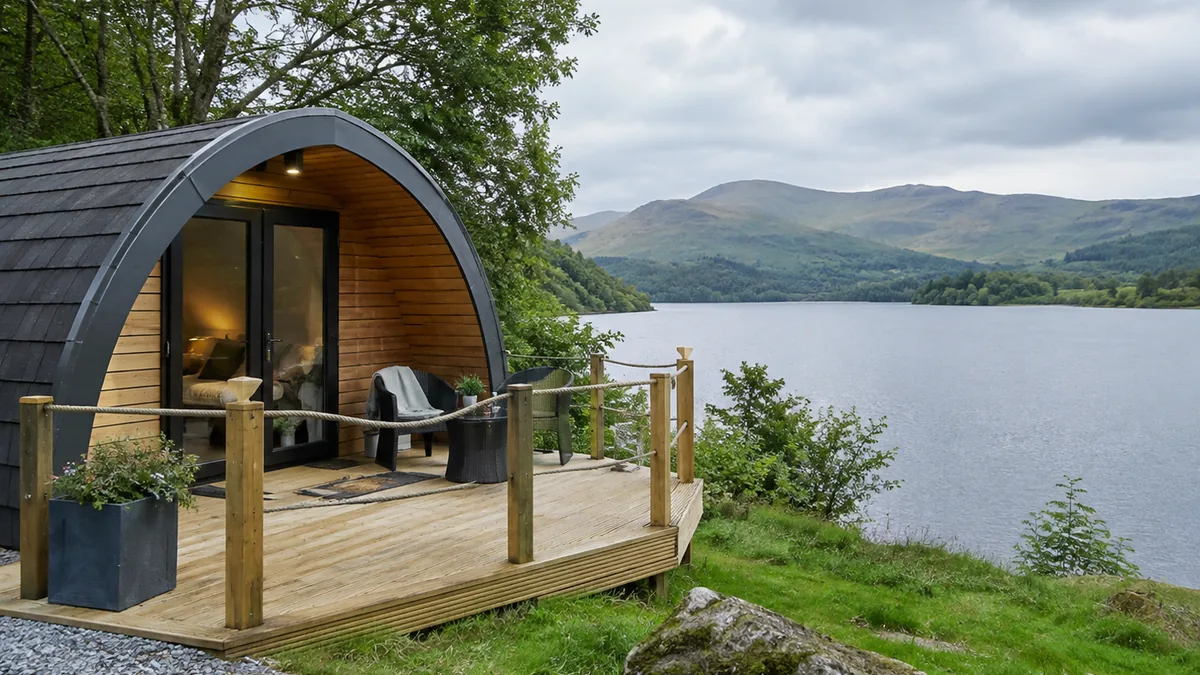 A lakeside glamping pod overlooking the UK countryside