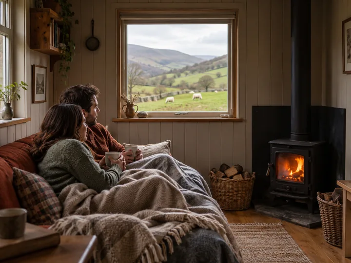 Couple enjoying a romantic weekend at a countryside cottage